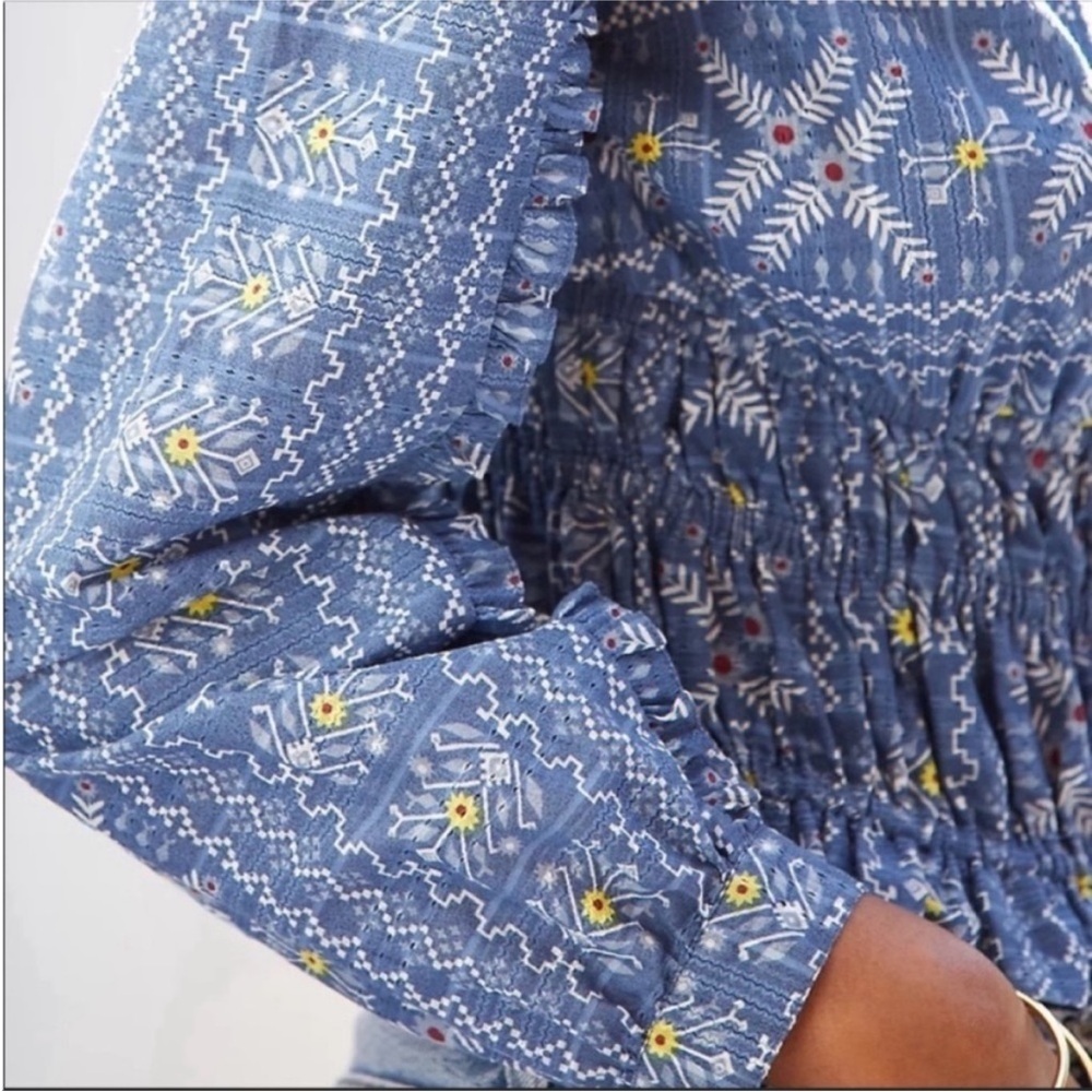 Anthropologie Forever That Girl Blue Smocked Floral Peasant Blouse Size M - Picture 3 of 9